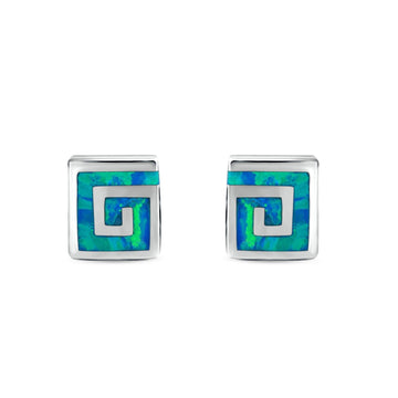Square Spiral Swirl Stud Earrings Lab Created Blue Opal 925 Sterling Silver (7mm)